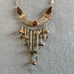 Peruvian Wire Work Artisan Necklace Silver with Brown Stones